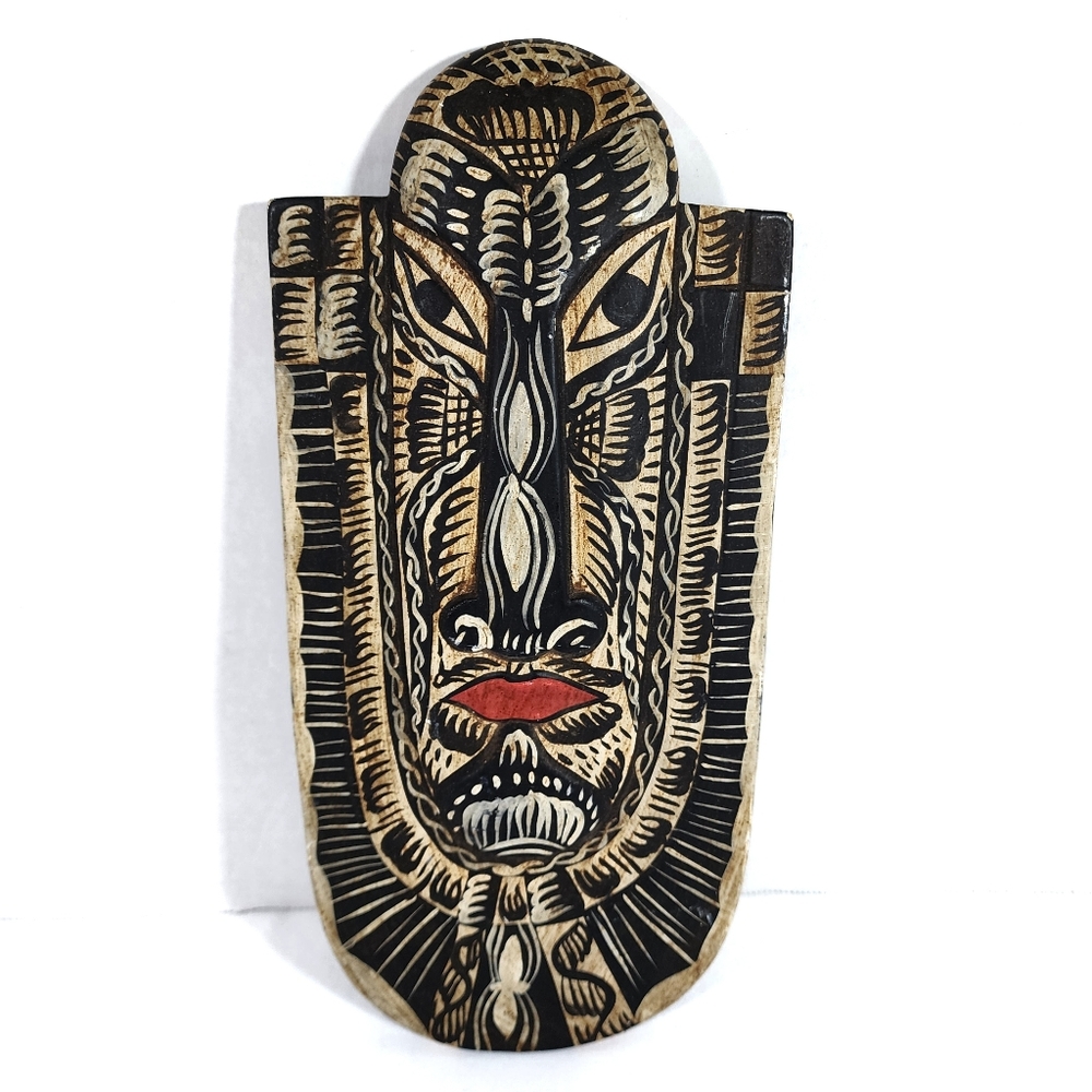 Vintage Indonesian Hand Carved Wood Mask Bali Batik Javanese Tribal Wall Art 12"